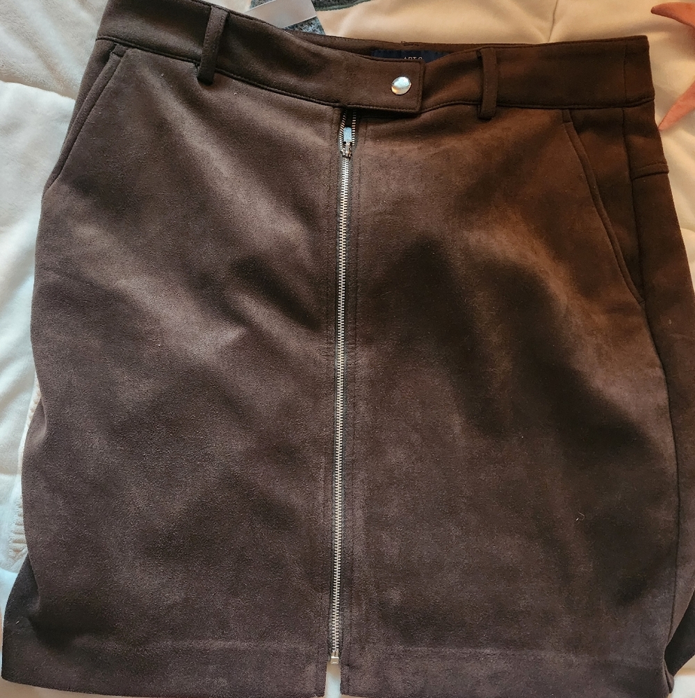 Brown Suede Zip Front Mini Skirt